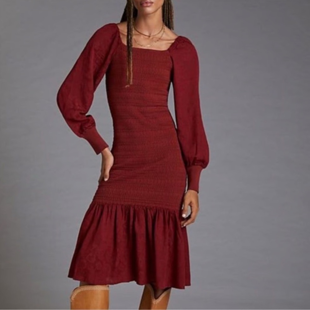 ✮⋆˙ Anthropologie Burgundy Smocked Midi Dress NWT $170